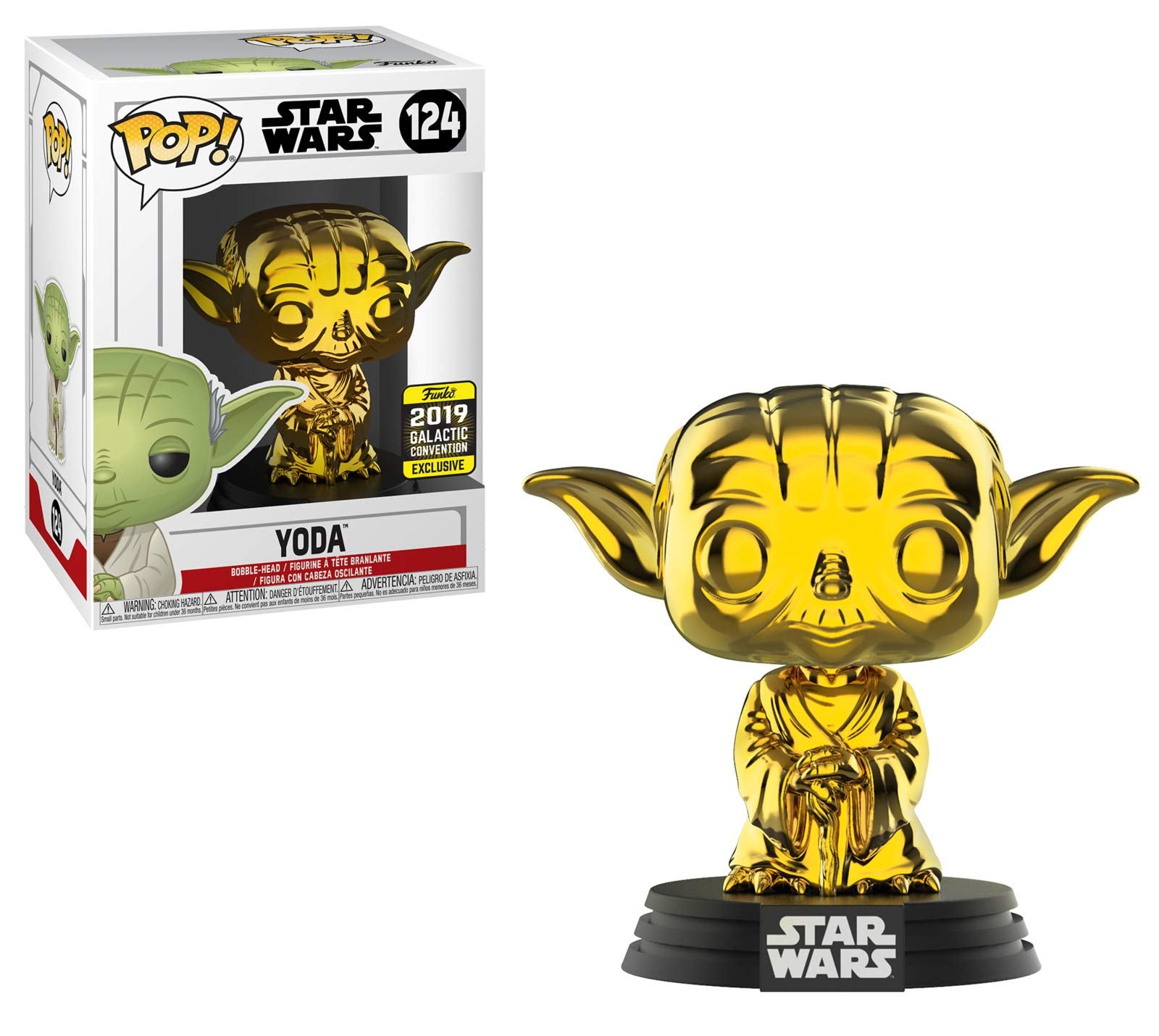 בובת פופ מלחמת הכוכבים: יודה כרום זהב Funko POP! Star Wars: Yoda Gold Chrome #124 2019 Galactic Convention Exclusive